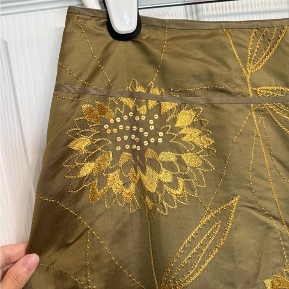 Liz Claiborne 100% Silk Skirt Midi Flare A Line 14 Floral Sequin Gold Olive - Picture 2 of 6